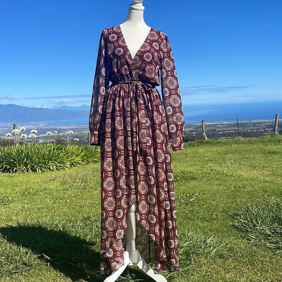 LULU'S Art and Soul multiprint long sleeve high low Maxi Wrap dress - Picture 5 of 10